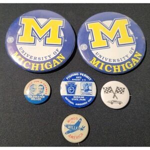 Vintage Lot (6) 1970s Buttons Pins UofM, Corvette, Wings for‎ Willkie, Jamboree